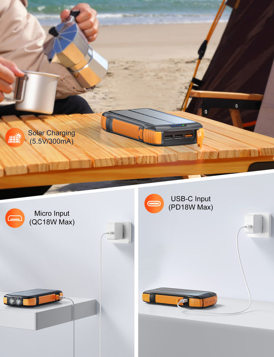 New Product Large Capacity 20000mAh 3 USB C Flashlight Ip67 Waterproof High-speed Wireless Charger Solar Power Bank